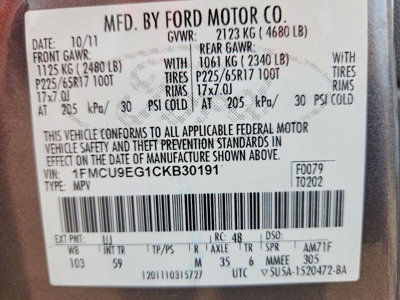 67494286 :رقم المزاد ، 1FMCU9EG1CKB30191 vin ، 2012 Ford Escape مزاد بيع