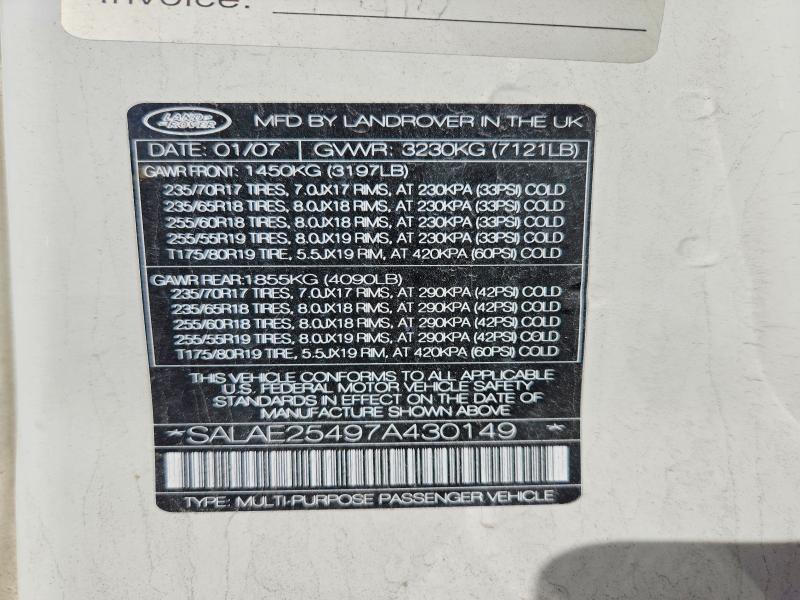 2007 Land Rover Lr3 მანქანა იყიდება აუქციონზე, vin: SALAE25497A430149, აუქციონის ნომერი: 69071116