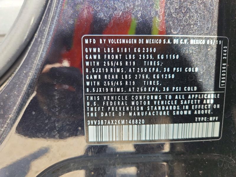 2019 Volkswagen Tiguan მანქანა იყიდება აუქციონზე, vin: 3VV3B7AX2KM146820, აუქციონის ნომერი: 68486276