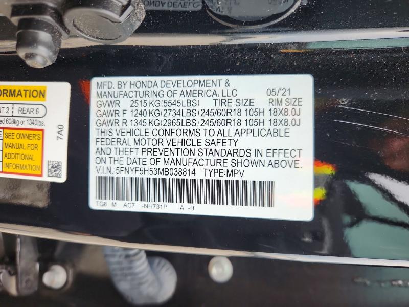 2021 Honda Pilot მანქანა იყიდება აუქციონზე, vin: 5FNYF5H53MB038814, აუქციონის ნომერი: 68271746