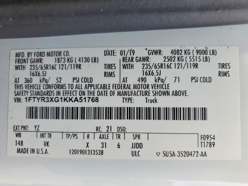 Продаж на аукціоні авто 2019 Ford Transit, vin: 1FTYR3XG1KKA51768, номер лоту: 68617836
