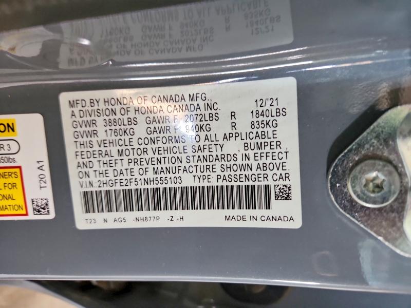 Продаж на аукціоні авто 2022 Honda Civic, vin: 2HGFE2F51NH555103, номер лоту: 70076556