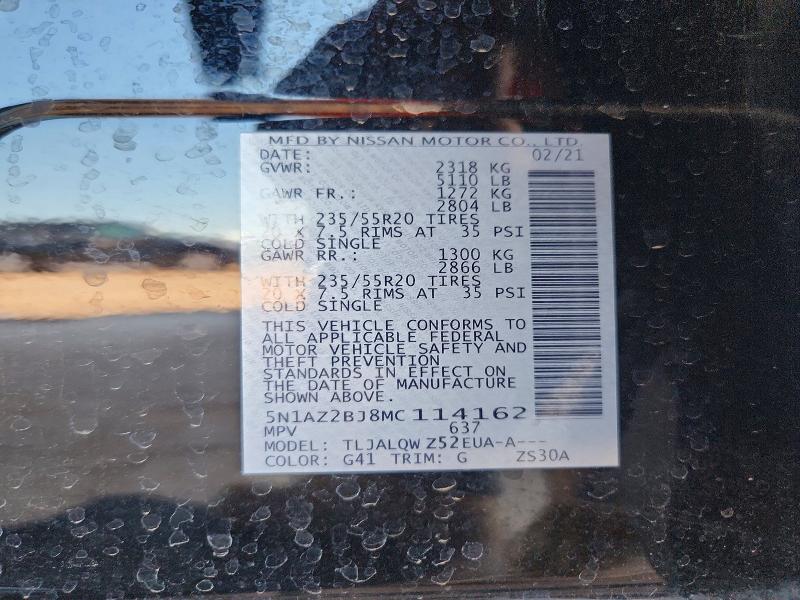 2021 Nissan Murano მანქანა იყიდება აუქციონზე, vin: 5N1AZ2BJ8MC114162, აუქციონის ნომერი: 67164256