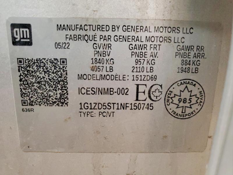 Aukcja sprzedaży 2022 Chevrolet Malibu, vin: 1G1ZD5ST1NF150745, numer aukcji: 70987766
