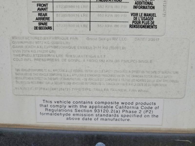 Продажа на аукционе авто 2017 Grand Design Momentum, vin: 573FM433XH1204721, номер лота: 70438366