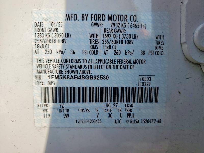 Aukcja sprzedaży 2025 Ford Explorer, vin: 1FM5K8AB4SGB92530, numer aukcji: 69373306