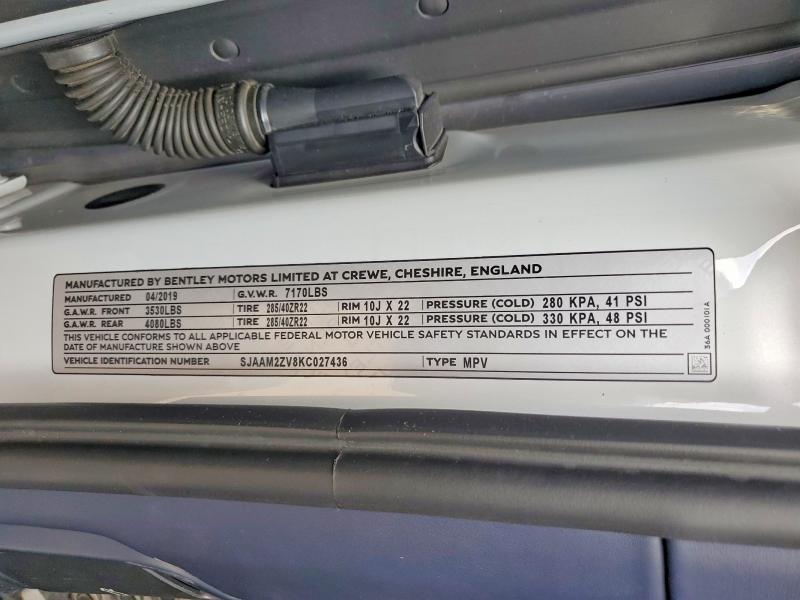 68801296 :رقم المزاد ، SJAAM2ZV8KC027436         vin ، 2019 Bentley Bentayga مزاد بيع