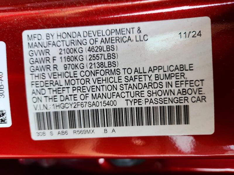 Aukcja sprzedaży 2025 Honda Accord, vin: 1HGCY2F67SA015400, numer aukcji: 69809596
