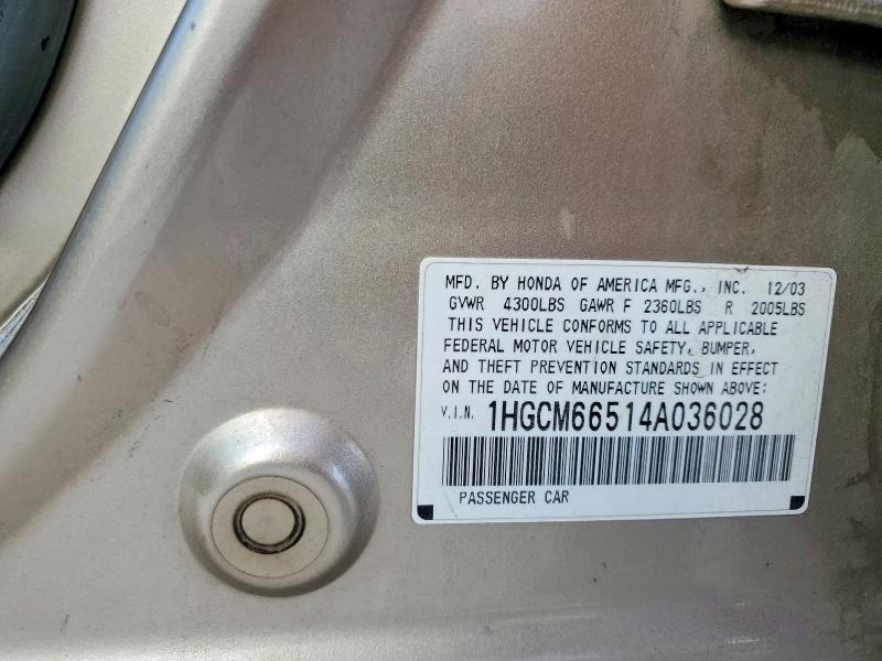 Aukcja sprzedaży 2004 Honda Accord, vin: 1HGCM66514A036028, numer aukcji: 68588236