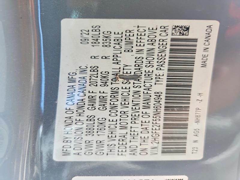 Продажа на аукционе авто 2022 Honda Civic, vin: 2HGFE2F55NH604948, номер лота: 67249826