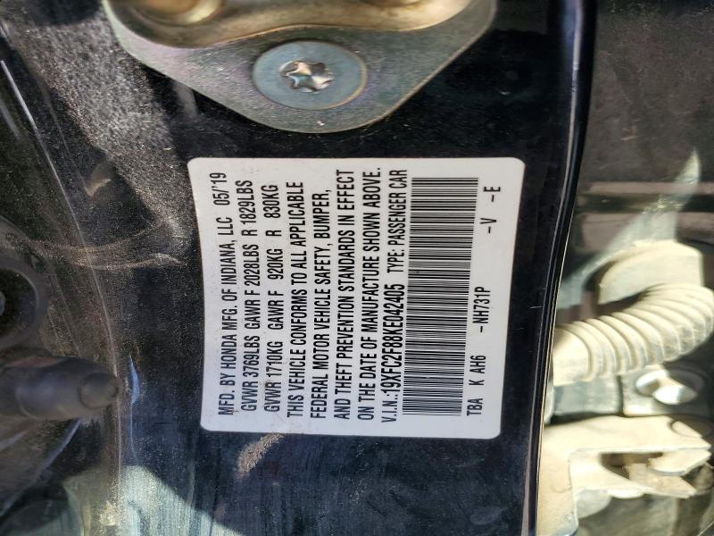2019 Honda Civic მანქანა იყიდება აუქციონზე, vin: 19XFC2F88KE042405, აუქციონის ნომერი: 67508686