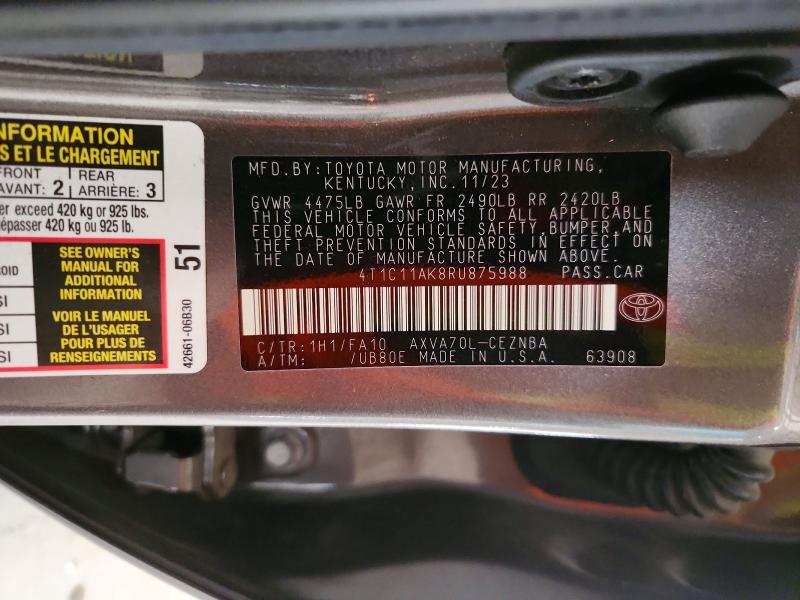 2024 Toyota Camry მანქანა იყიდება აუქციონზე, vin: 4T1C11AK8RU875988, აუქციონის ნომერი: 69331656
