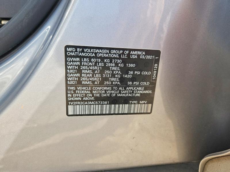 Продаж на аукціоні авто 2021 Volkswagen Atlas, vin: 1V2FR2CA3MC573381, номер лоту: 68656926