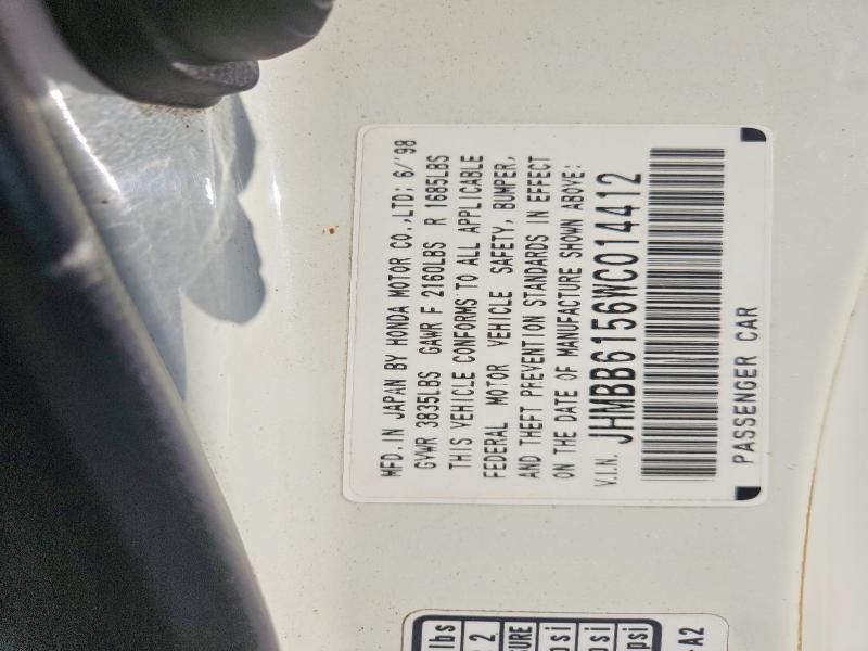 1998 Honda Prelude მანქანა იყიდება აუქციონზე, vin: JHMBB6156WC014412, აუქციონის ნომერი: 67400316