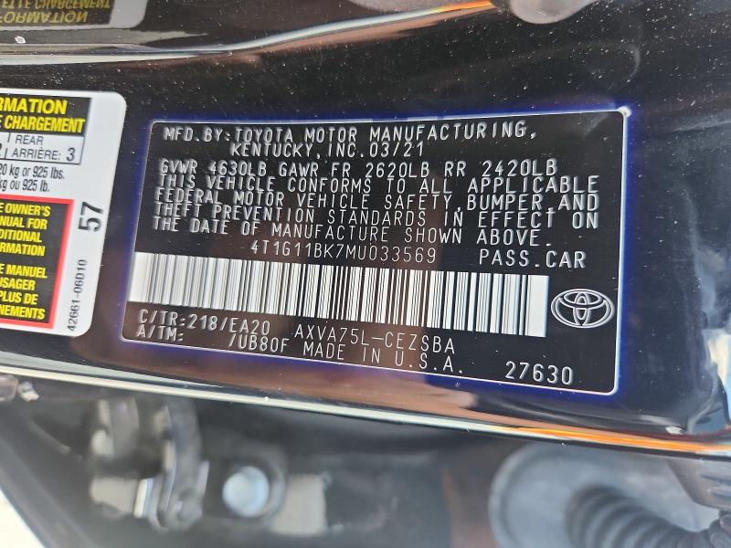 Aukcja sprzedaży 2021 Toyota Camry, vin: 4T1G11BK7MU033569, numer aukcji: 67394066