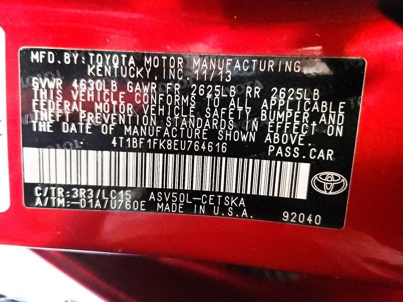 2014 Toyota Camry მანქანა იყიდება აუქციონზე, vin: 4T1BF1FK8EU764616, აუქციონის ნომერი: 69708076