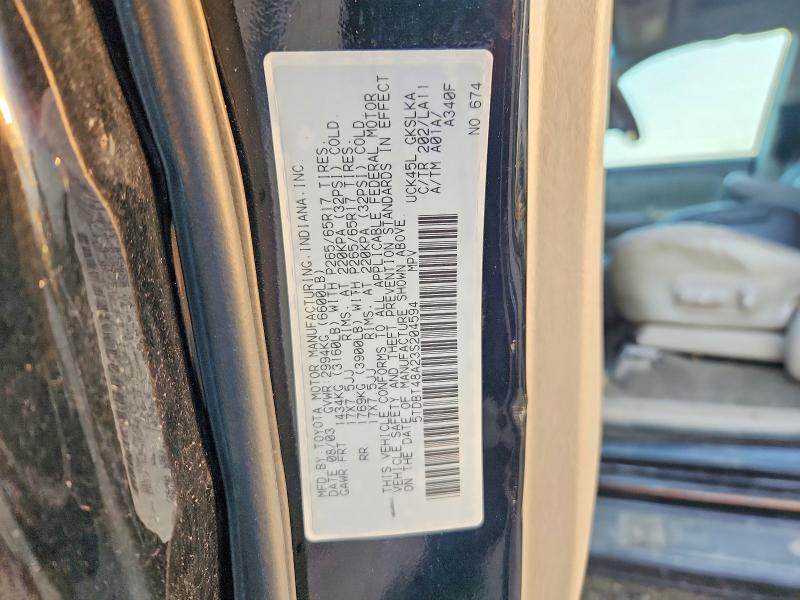 Aukcja sprzedaży 2003 Toyota Sequoia, vin: 5TDBT48A23S204594, numer aukcji: 67204736