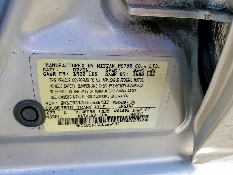 69357256 :رقم المزاد ، 3N1CB51D16L626905 vin ، 2006 Nissan Sentra مزاد بيع