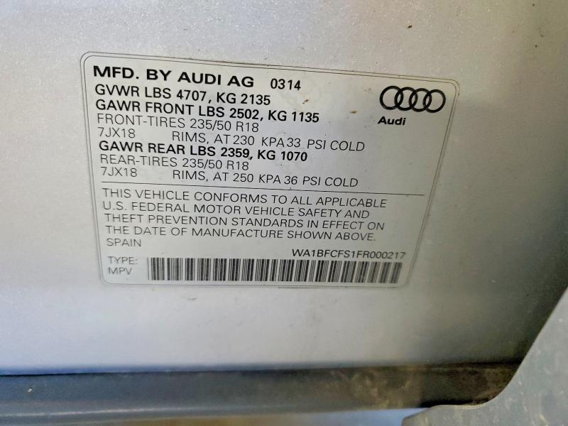68305066 :رقم المزاد ، WA1BFCFS1FR000217 vin ، 2015 Audi Q3 مزاد بيع