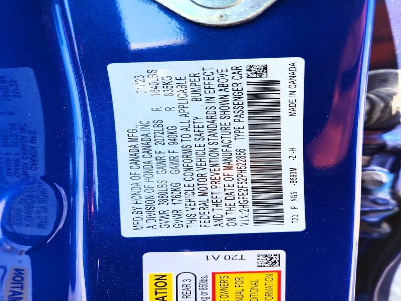 Продажа на аукционе авто 2023 Honda Civic, vin: 2HGFE2F52PH522856, номер лота: 66931726