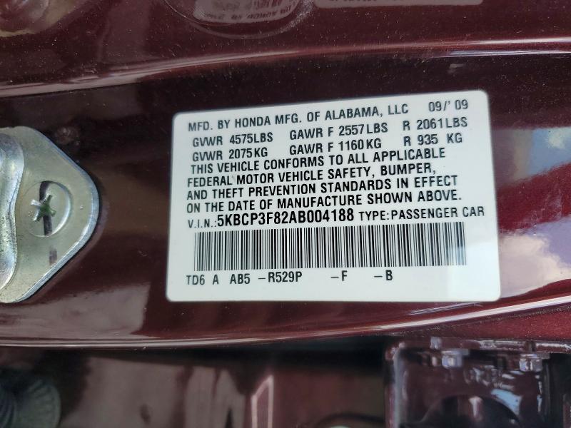 Aukcja sprzedaży 2010 Honda Accord, vin: 5KBCP3F82AB004188, numer aukcji: 67406276