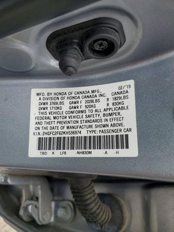 Продажа на аукционе авто 2019 Honda Civic, vin: 2HGFC2F62KH536974, номер лота: 69513176