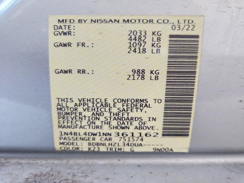 Продаж на аукціоні авто 2022 Nissan Altima, vin: 1N4BL4DW1NN361162, номер лоту: 67306286