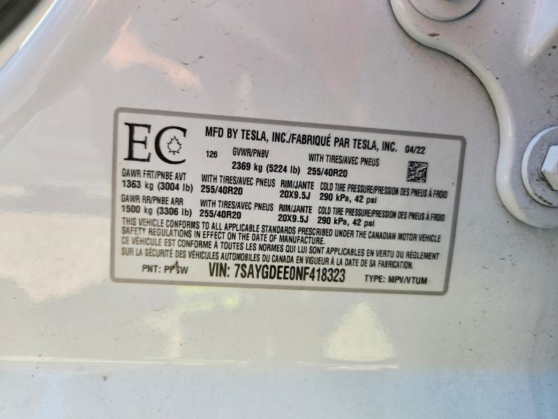 67849406 :رقم المزاد ، 7SAYGDEE0NF418323 vin ، 2022 Tesla Model Y مزاد بيع