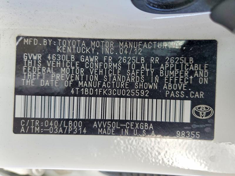 69584556 :رقم المزاد ، 4T1BD1FK3CU025592 vin ، 2012 Toyota Camry Hybrid مزاد بيع