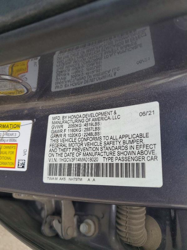 Продаж на аукціоні авто 2021 Honda Accord, vin: 1HGCV3F14MA018020, номер лоту: 68697496