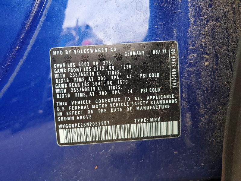 69315286 :رقم المزاد ، WVGGNPE28NP052957 vin ، 2022 Volkswagen Id.4 مزاد بيع