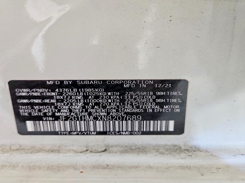 70244416 :رقم المزاد ، JF2GTHMCXN8207689 vin ، 2022 Subaru Crosstrek مزاد بيع