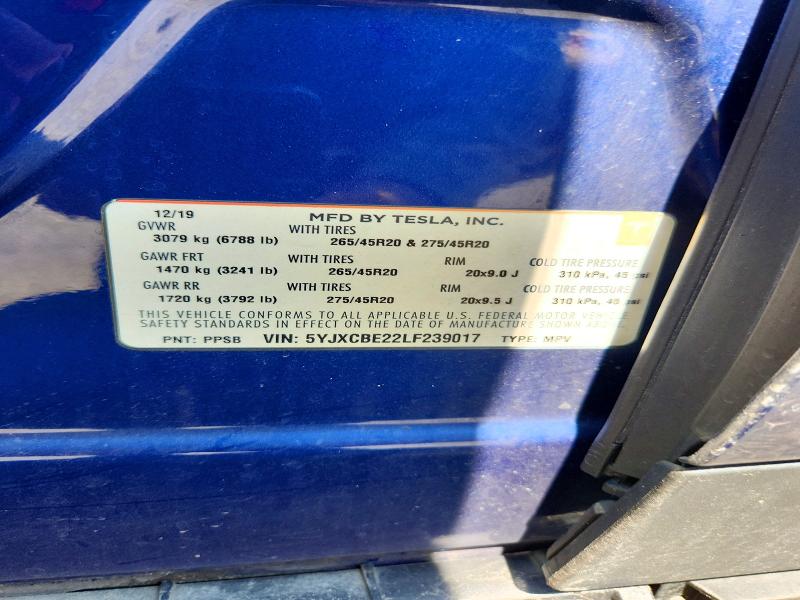 68395746 :رقم المزاد ، 5YJXCBE22LF239017 vin ، 2020 Tesla Model X مزاد بيع
