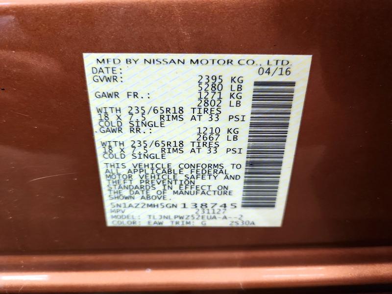 Aukcja sprzedaży 2016 Nissan Murano, vin: 5N1AZ2MH5GN138745, numer aukcji: 69351166