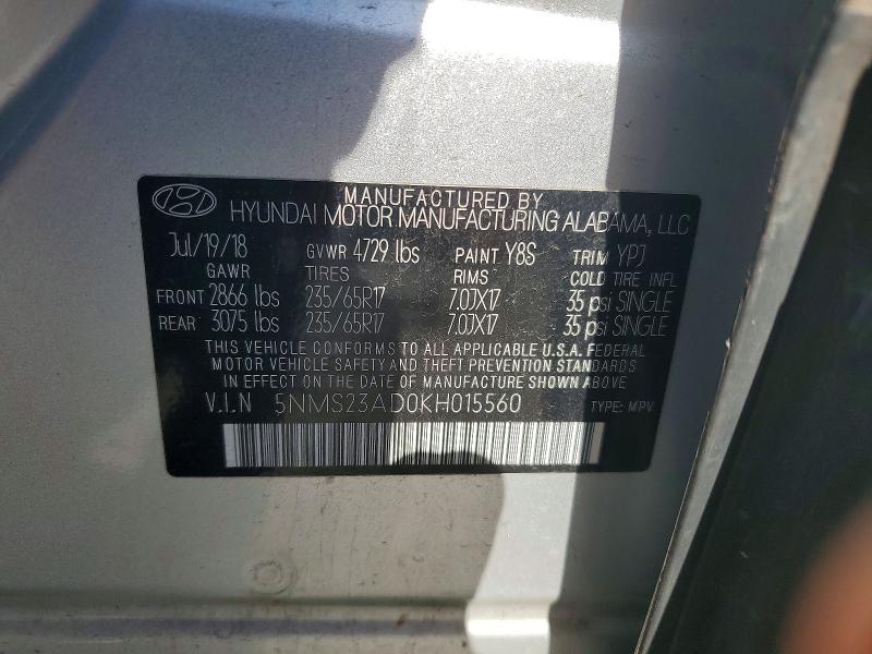 2019 Hyundai Santa Fe მანქანა იყიდება აუქციონზე, vin: 5NMS23AD0KH015560, აუქციონის ნომერი: 67663386