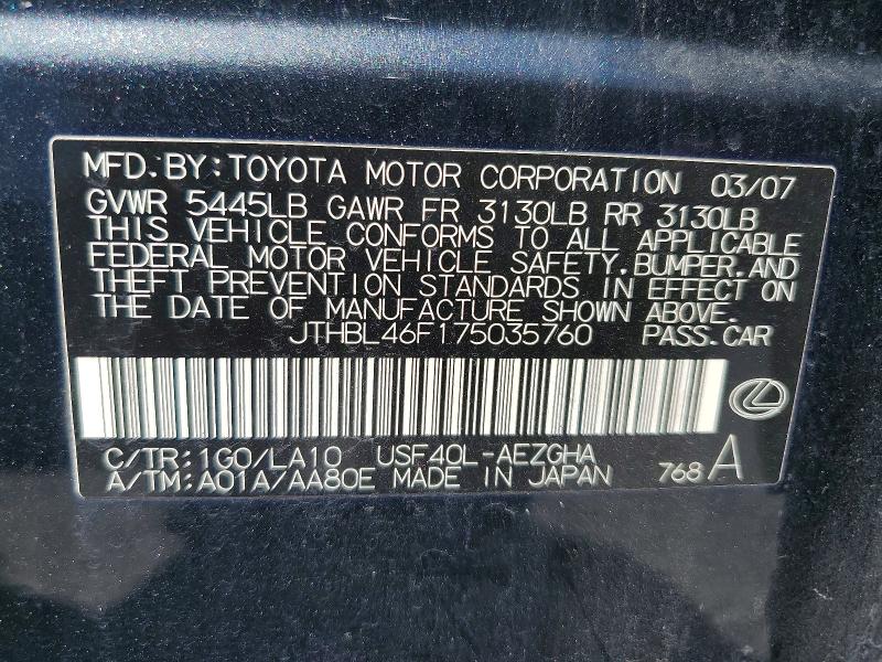 70127076 :رقم المزاد ، JTHBL46F175035760 vin ، 2007 Lexus Ls مزاد بيع