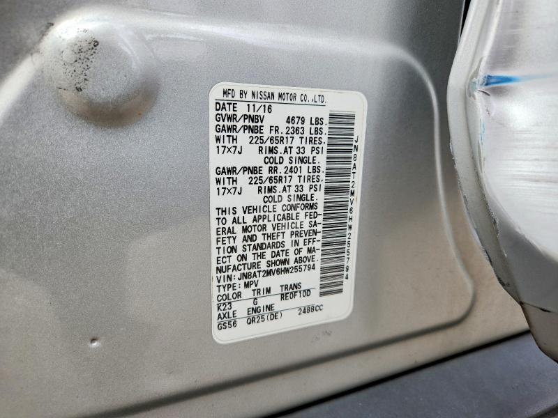2017 Nissan Rogue მანქანა იყიდება აუქციონზე, vin: JN8AT2MV6HW255794, აუქციონის ნომერი: 67714336