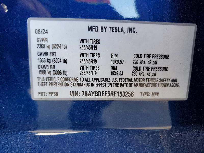 2024 Tesla Model Y მანქანა იყიდება აუქციონზე, vin: 7SAYGDEE6RF180256, აუქციონის ნომერი: 67478076