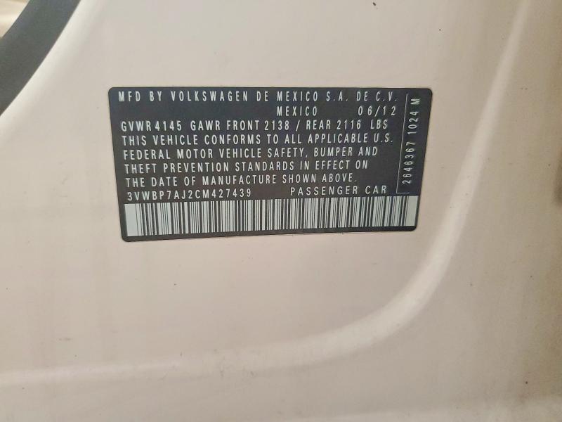 66712436 :رقم المزاد ، 3VWBP7AJ2CM427439 vin ، 2012 Volkswagen Jetta مزاد بيع