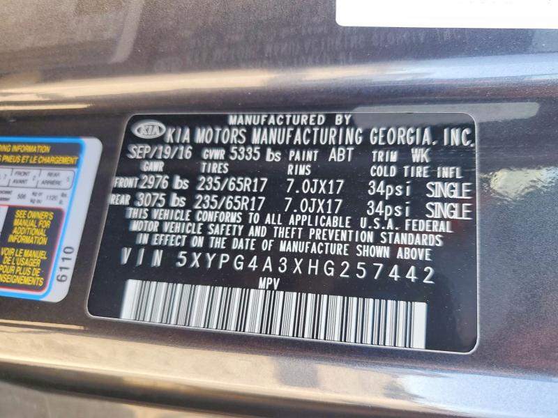 Aukcja sprzedaży 2017 Kia Sorento, vin: 5XYPG4A3XHG257442, numer aukcji: 68072136