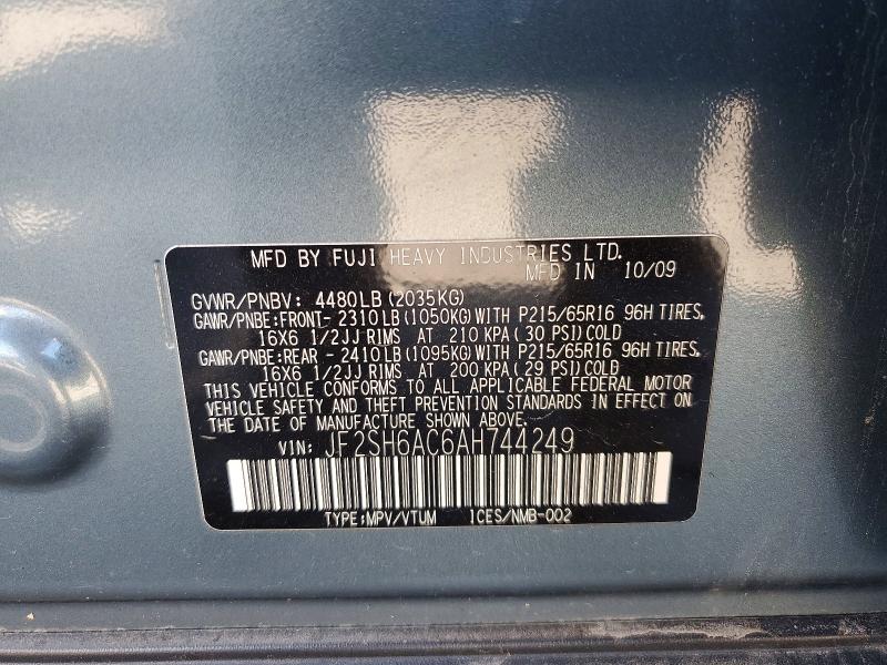 2010 Subaru Forester მანქანა იყიდება აუქციონზე, vin: JF2SH6AC6AH744249, აუქციონის ნომერი: 69412846