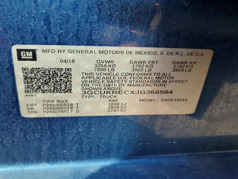 68263696 :رقم المزاد ، 3GCUKRECXJG366564 vin ، 2018 Chevrolet Silverado مزاد بيع