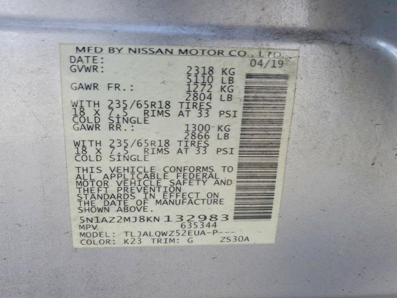67820466 :رقم المزاد ، 5N1AZ2MJ8KN132983 vin ، 2019 Nissan Murano مزاد بيع
