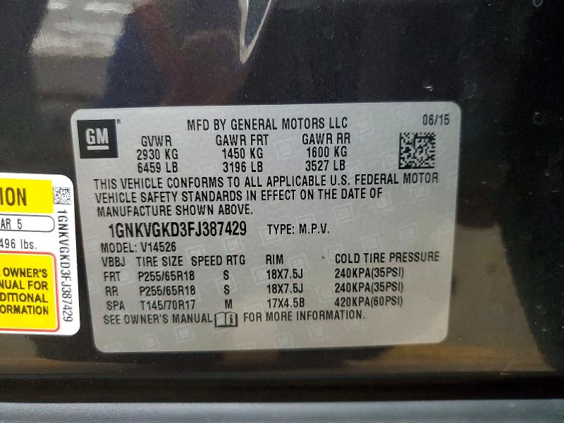 67331036 :رقم المزاد ، 1GNKVGKD3FJ387429 vin ، 2015 Chevrolet Traverse مزاد بيع