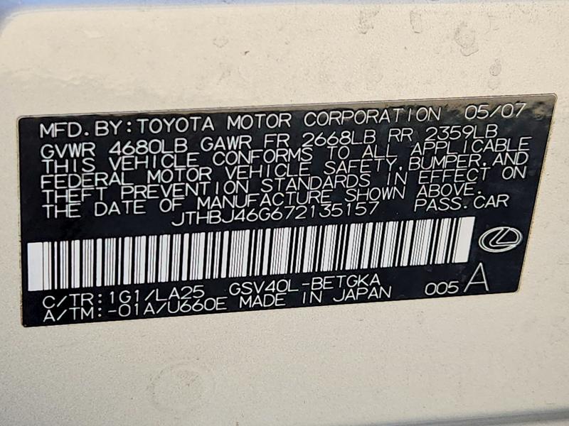 Продажа на аукционе авто 2007 Lexus Es, vin: JTHBJ46G672135157, номер лота: 69731136