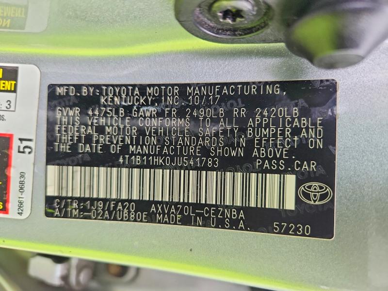 Продаж на аукціоні авто 2018 Toyota Camry, vin: 4T1B11HK0JU541783, номер лоту: 70623676