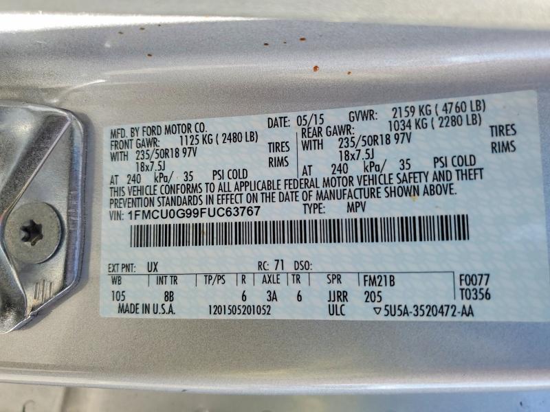 2015 Ford Escape მანქანა იყიდება აუქციონზე, vin: 1FMCU0G99FUC63767, აუქციონის ნომერი: 69066796
