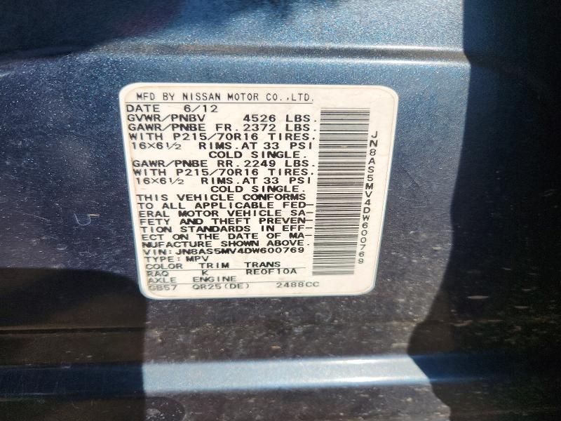 68209076 :رقم المزاد ، JN8AS5MV4DW600769 vin ، 2013 Nissan Rogue مزاد بيع