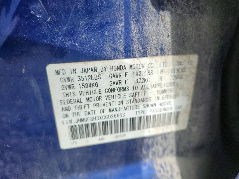 2012 Honda Fit მანქანა იყიდება აუქციონზე, vin: JHMGE8H3XCC026653, აუქციონის ნომერი: 70296016