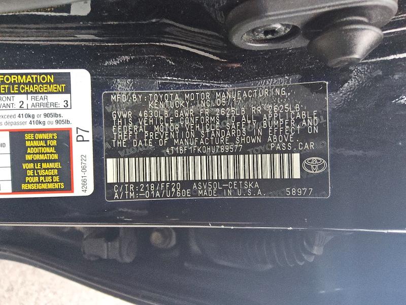 66298366 :رقم المزاد ، 4T1BF1FK0HU789577 vin ، 2017 Toyota Camry مزاد بيع